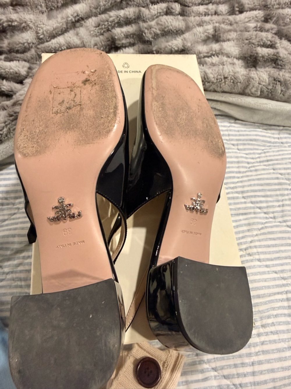 Prada Black Patent Slingback Block Heels with Square Toe - Picture 4 of 5
